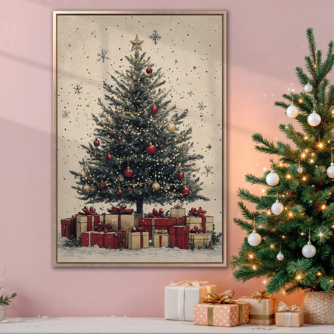 Framed Wall Art featuring a vintage Christmas tree illustration. Warm, festive palette of red, gold, and beige. Perfect holiday decor!