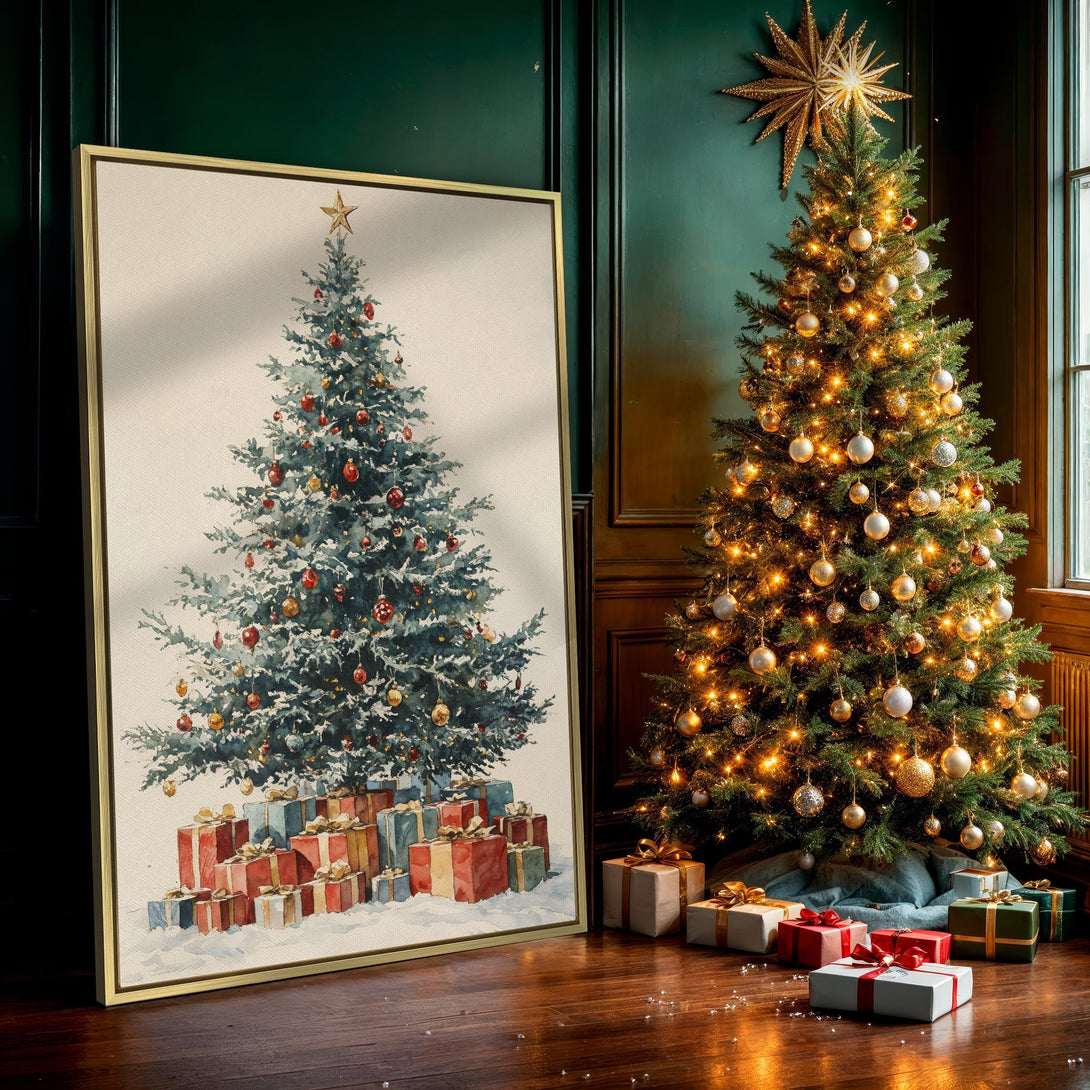 Canvas Print of a watercolor Christmas tree with gifts, featuring a warm, festive color palette. Perfect holiday wall art!