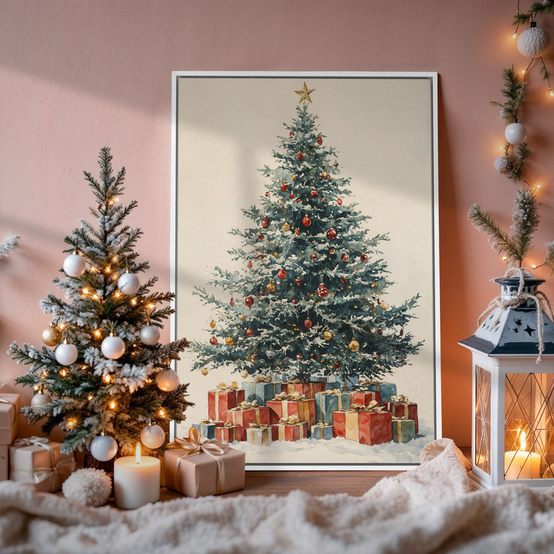 Framed Wall Art: Watercolor Christmas tree print in a cozy interior. Featuring a warm, festive color palette with greens, reds, and golds. Perfect holiday decor.