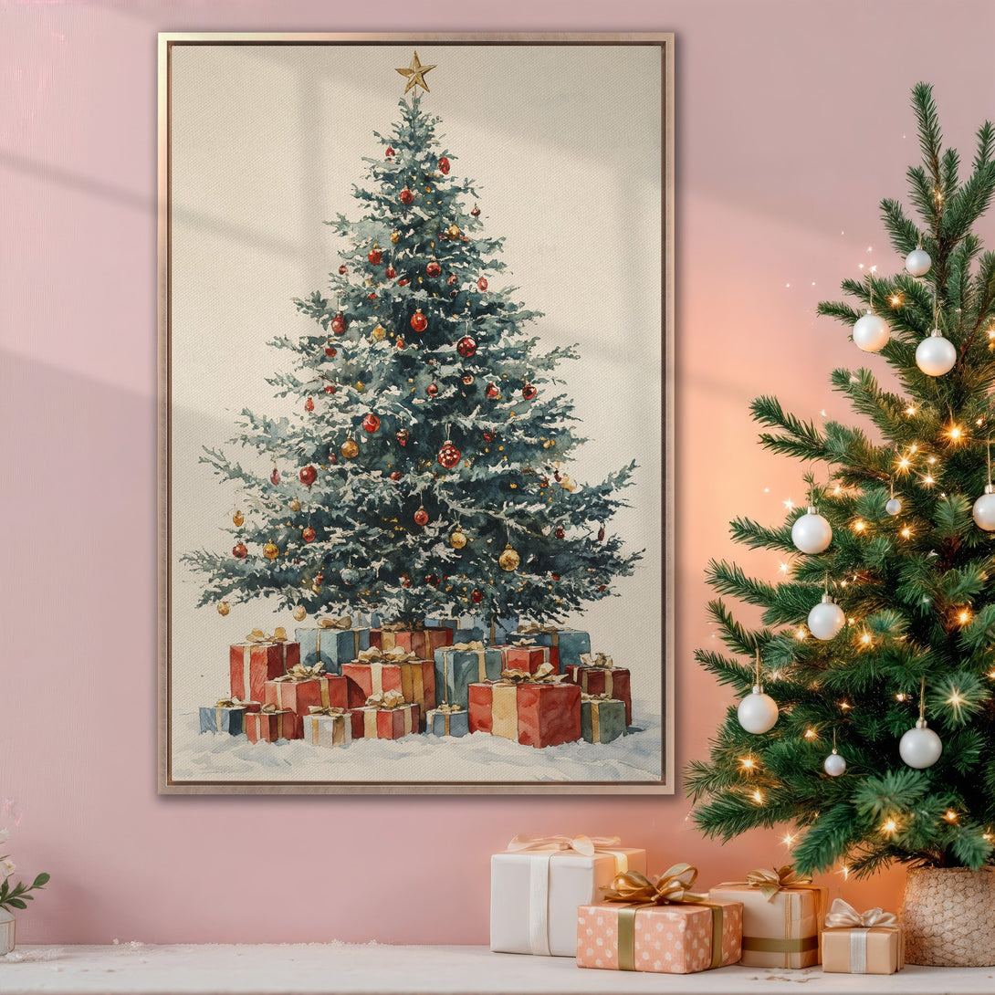 Framed Wall Art: Watercolor Christmas tree print with red & gold ornaments. Festive holiday decor in a soft, warm color palette. Perfect for cozy interiors.