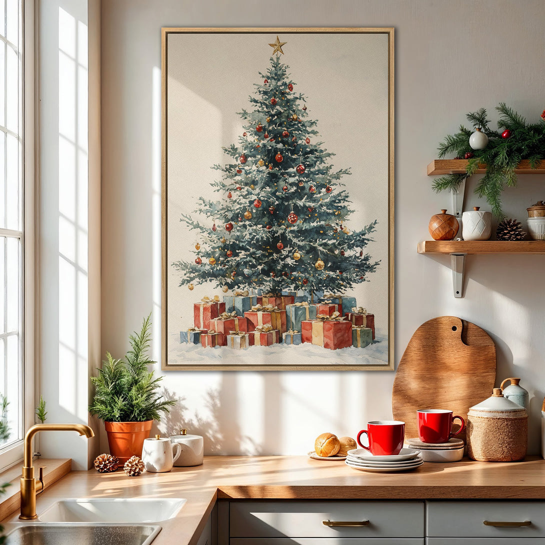 Framed Wall Art featuring a watercolor Christmas tree. Festive holiday decor with a muted blue, red, and gold color palette. Perfect for cozy kitchens!