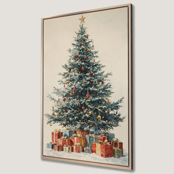 Framed Wall Art: Watercolor Christmas tree with gifts. Festive decor in red, gold, and blue hues. Perfect holiday art for your home.