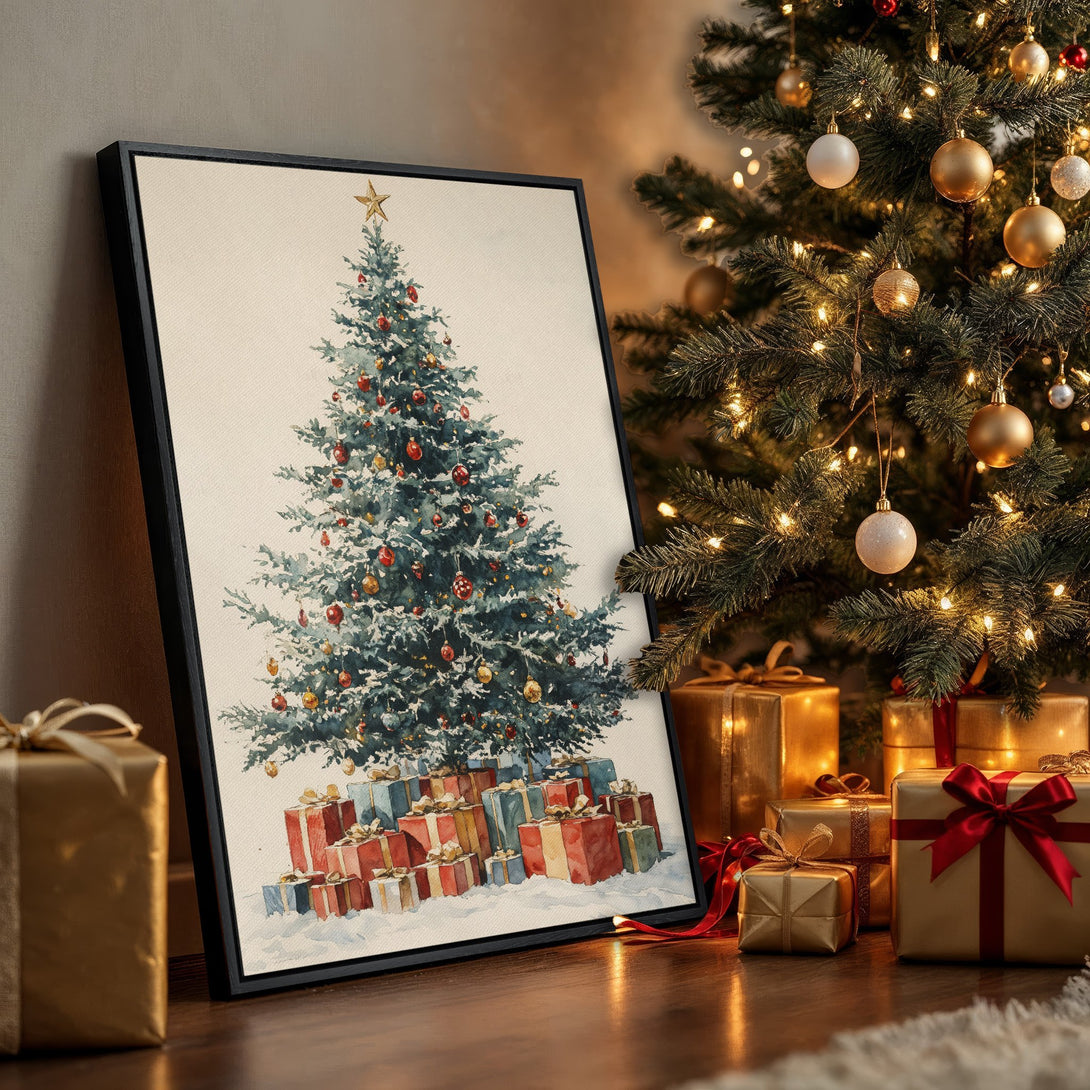 Framed Wall Art: Watercolor Christmas tree print in a cozy interior. Features a festive, warm color palette with gold, red, and green accents. Perfect holiday decor!