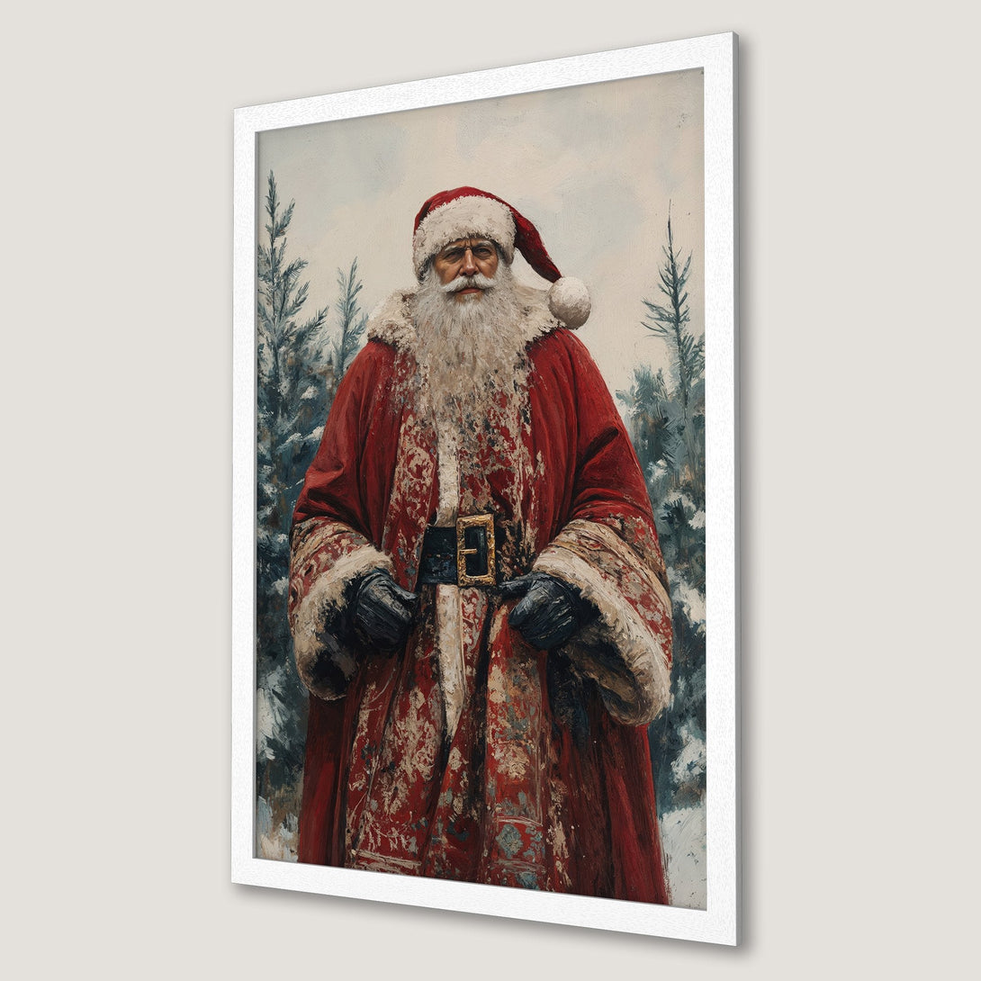 Framed Poster featuring Santa Claus in a vintage style, with a red and neutral color palette. Perfect holiday decor!
