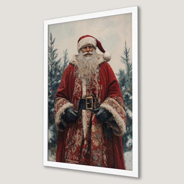 Framed Poster featuring Santa Claus in a vintage style, with a red and neutral color palette. Perfect holiday decor!