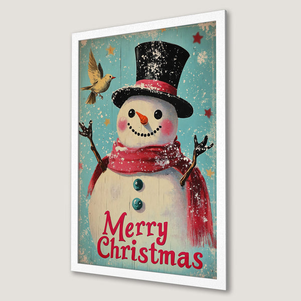 Framed Poster featuring a vintage-style snowman with a red scarf and top hat, set against a blue background. Festive Christmas decor.