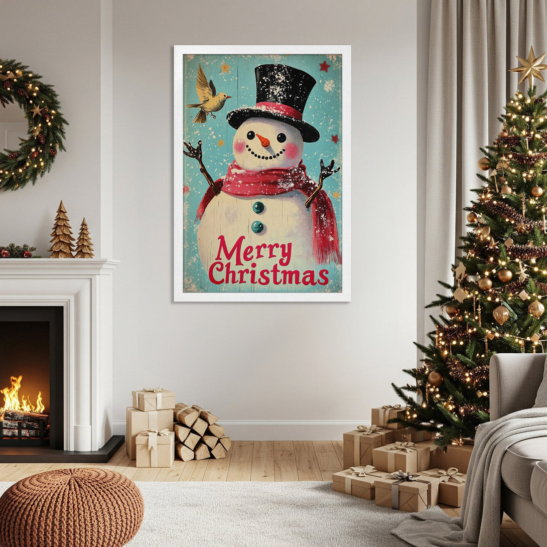 Framed Poster featuring a vintage snowman design. Festive Christmas decor with a blue, red, and white color palette. Perfect holiday wall art.