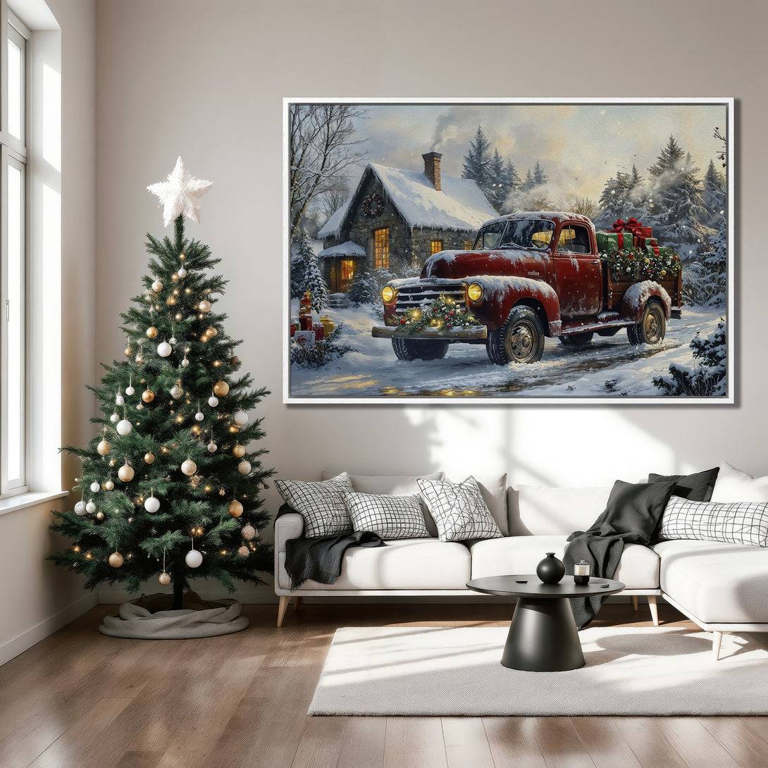 Framed Wall Art featuring a vintage red truck in a snowy winter scene. Warm, inviting color palette with a cozy, rustic style. Perfect holiday decor!
