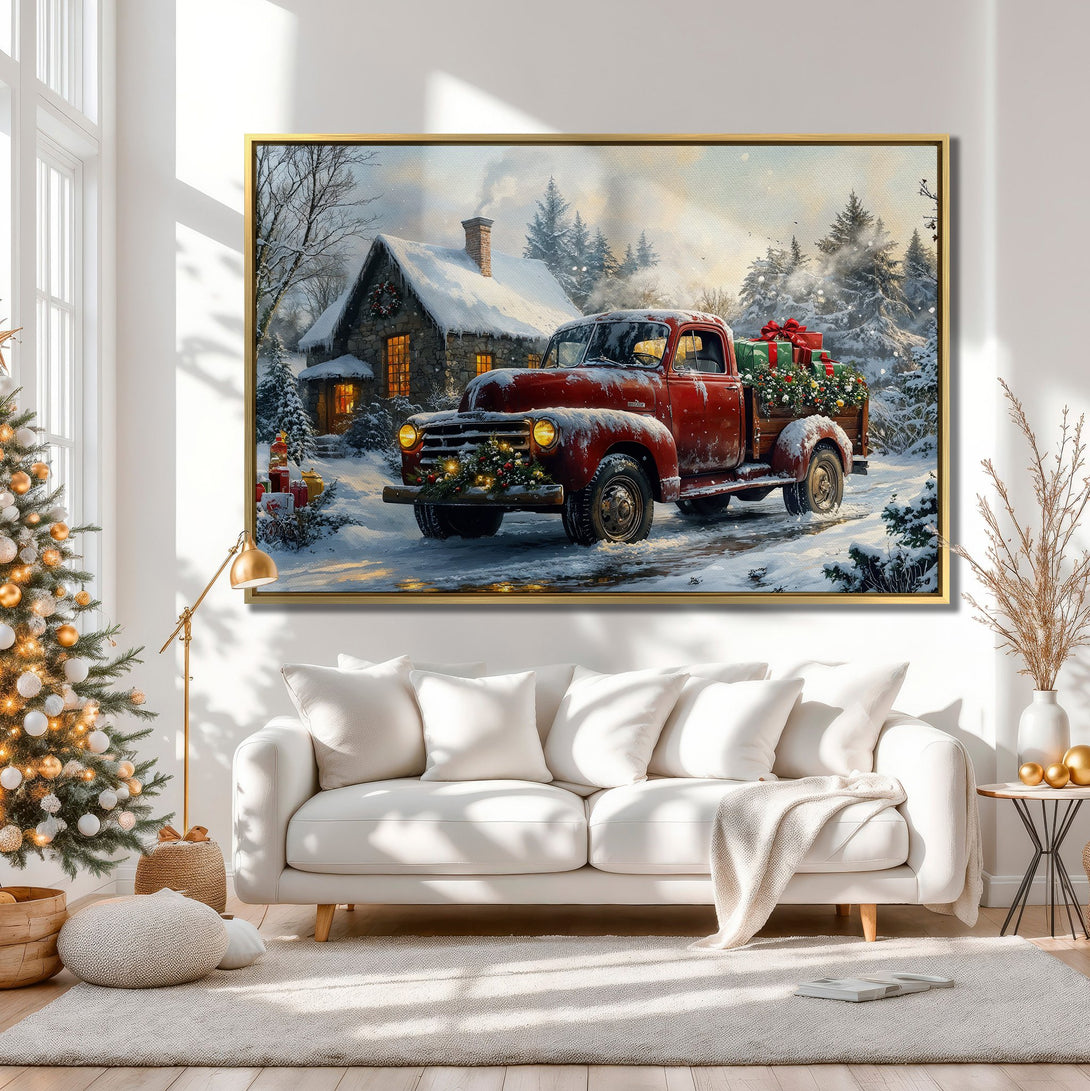 Canvas Print of a vintage red truck in a snowy winter scene. Rustic style with warm, neutral color palette. Perfect holiday decor!