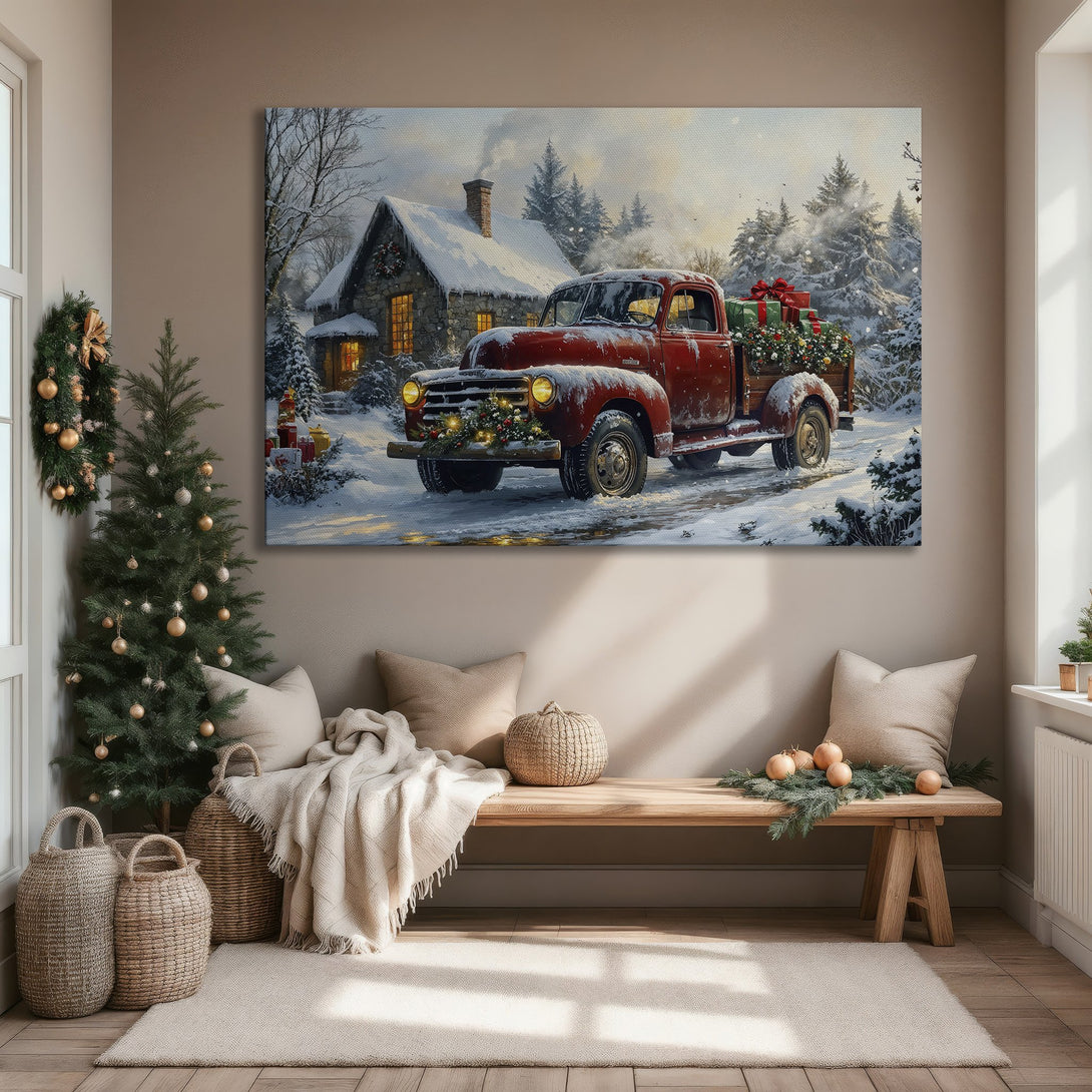 Framed Wall Art: Vintage red truck in a winter scene. Warm, inviting color palette. Perfect for holiday decor.