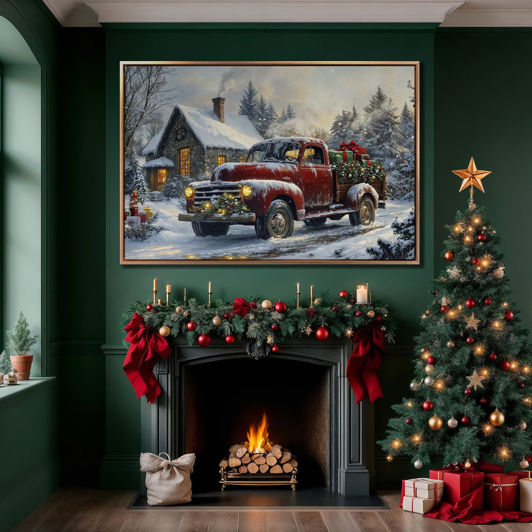 Framed Wall Art: Cozy winter scene with a red truck in the snow. Rustic style, warm color palette. Perfect Christmas decor!