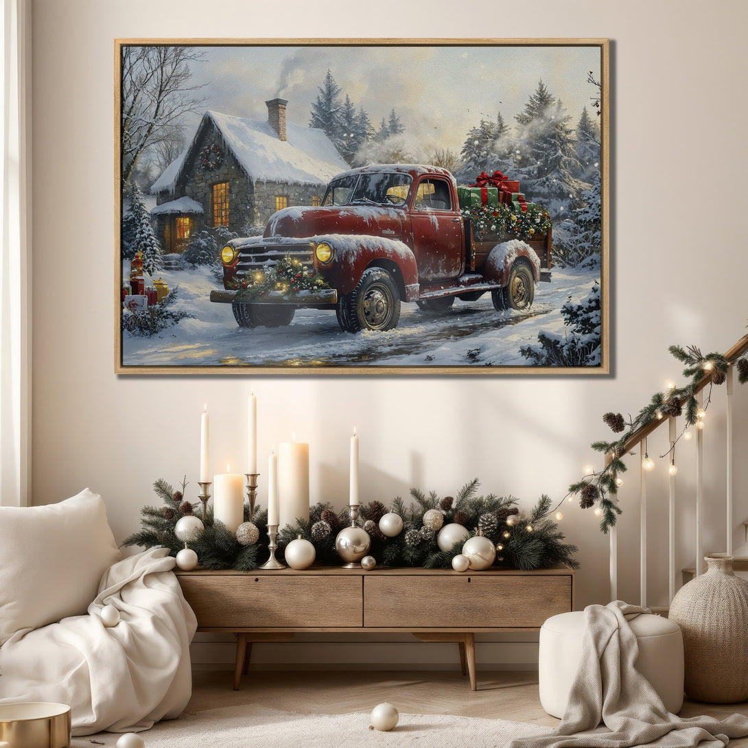 Framed Wall Art: Cozy winter scene with a red vintage truck, snowy landscape, and warm color palette. Perfect Christmas decor for a festive home.