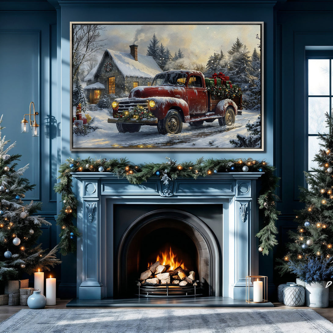 Framed Wall Art: Vintage Christmas truck canvas print in a cozy blue interior. Rustic style, warm red and green accents against a cool blue palette. Perfect holiday decor!