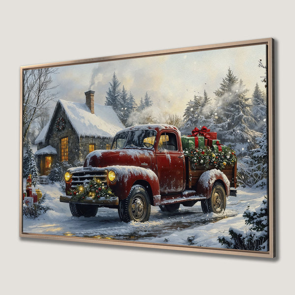 Framed Wall Art: Vintage red truck delivering Christmas gifts in a snowy winter scene. Warm, inviting colors. Perfect holiday decor.