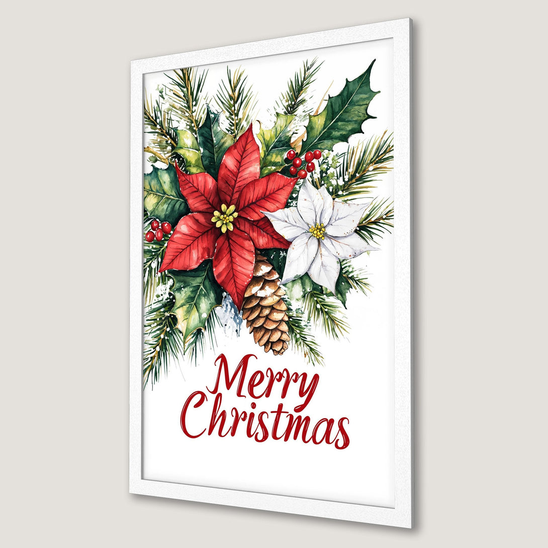 Framed Poster: Watercolor Christmas floral art with red & white poinsettias, green foliage, & "Merry Christmas" in red. Perfect holiday decor.
