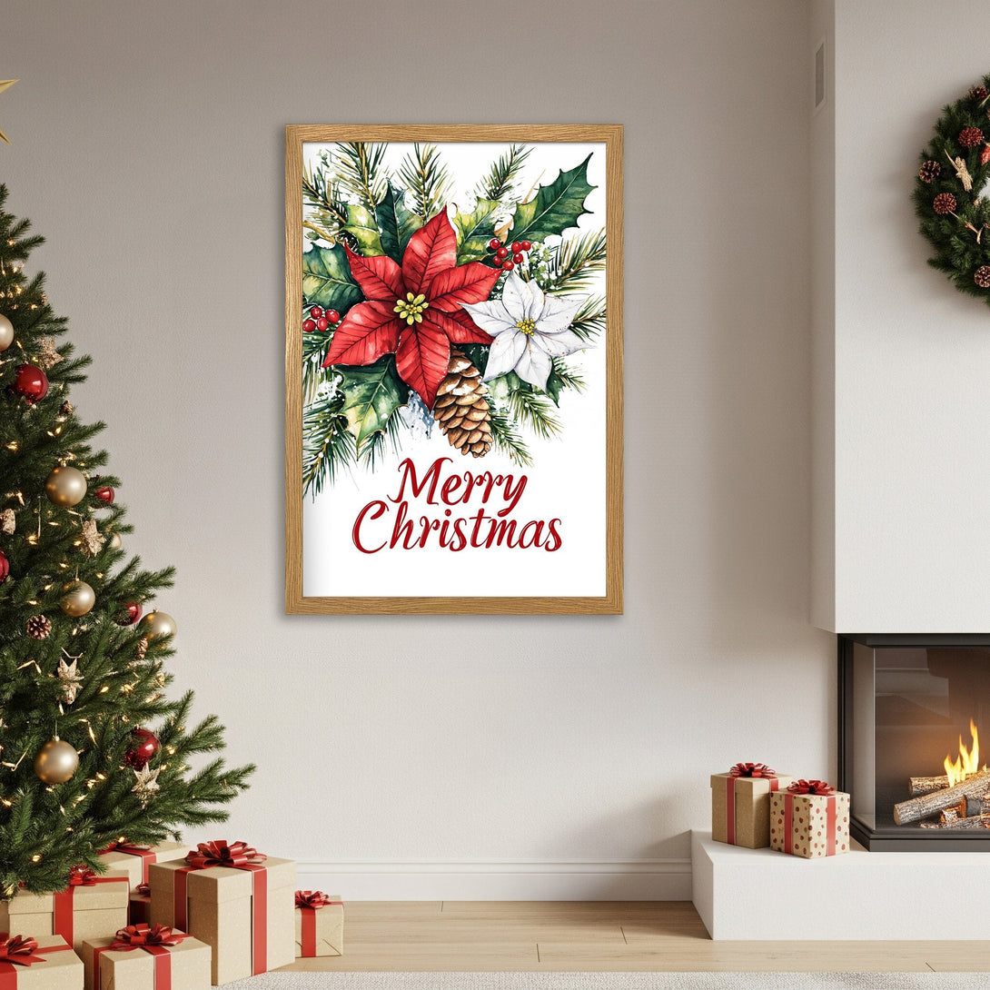 Framed Poster featuring watercolor Christmas poinsettias. Festive red & green floral art for holiday decor. Perfect gift!