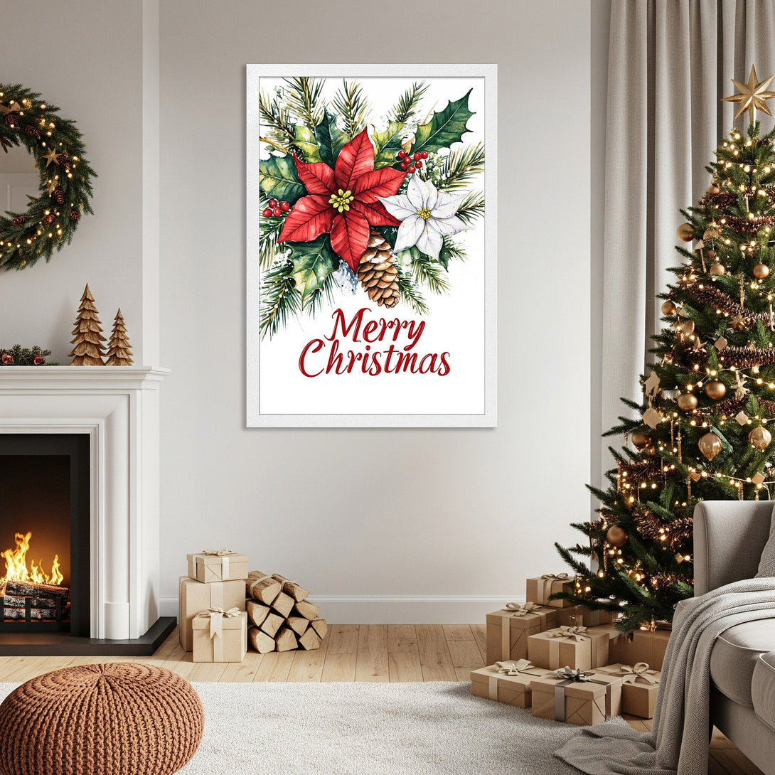 Framed Poster featuring a watercolor Christmas floral design with red and white poinsettias. Festive holiday decor in a warm, inviting color palette.