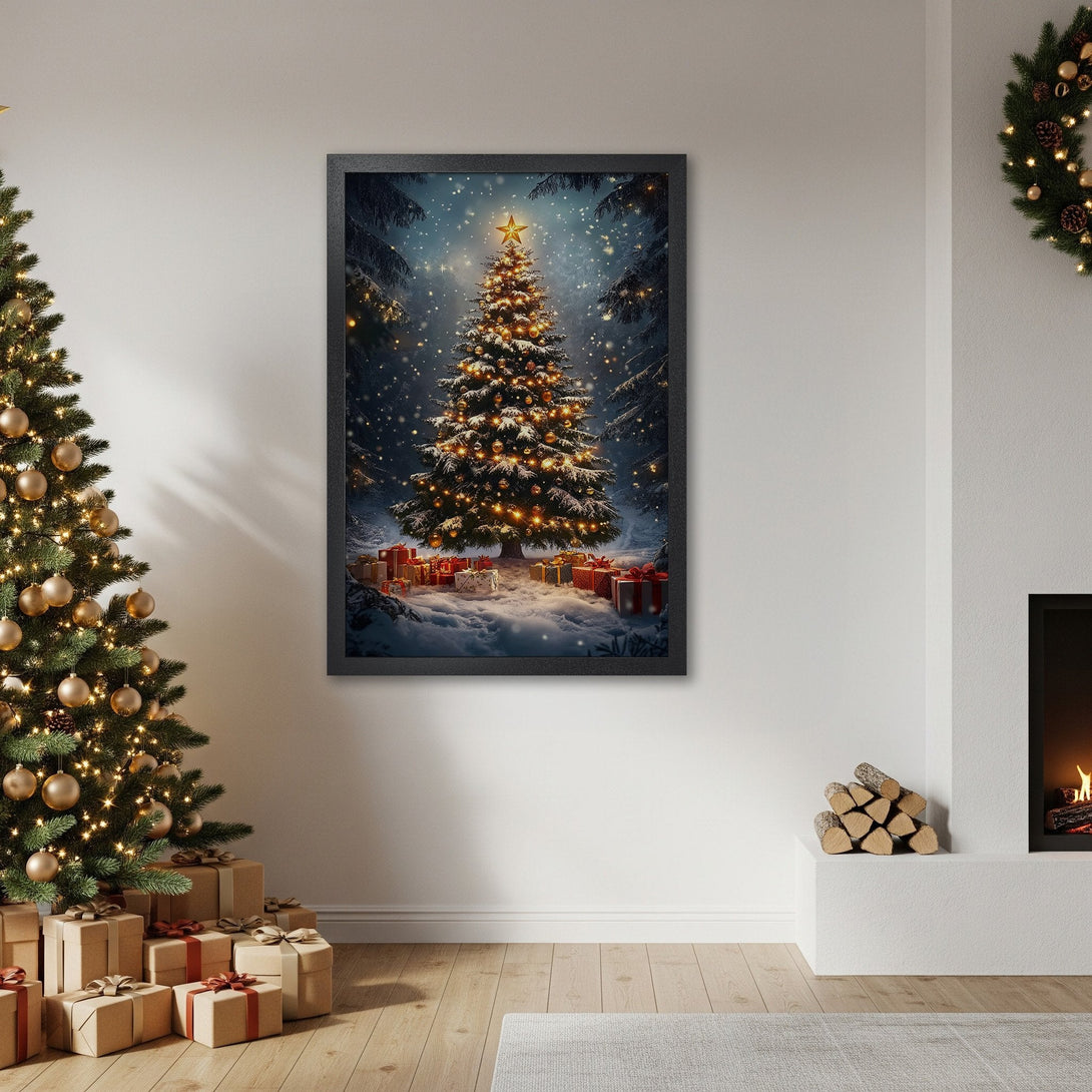 Framed Poster featuring a festive Christmas tree in a snowy forest scene, warm gold and cool blue tones. Perfect holiday decor!
