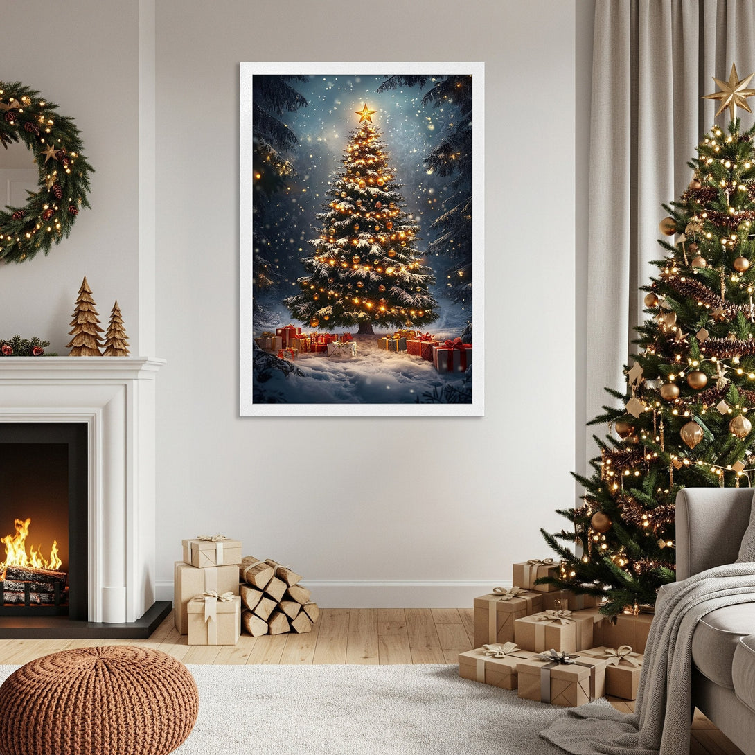 Framed Poster featuring a Christmas tree in a snowy forest, warm gold and blue tones, perfect holiday decor.