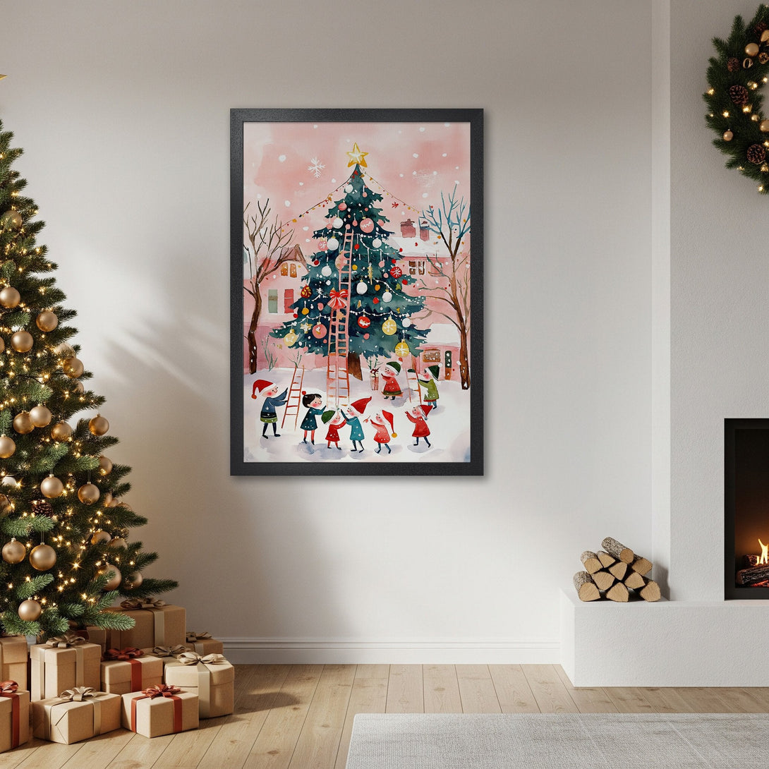 Framed Poster of a watercolor Christmas scene with children decorating a tree. Soft pink and green color palette, perfect holiday decor.