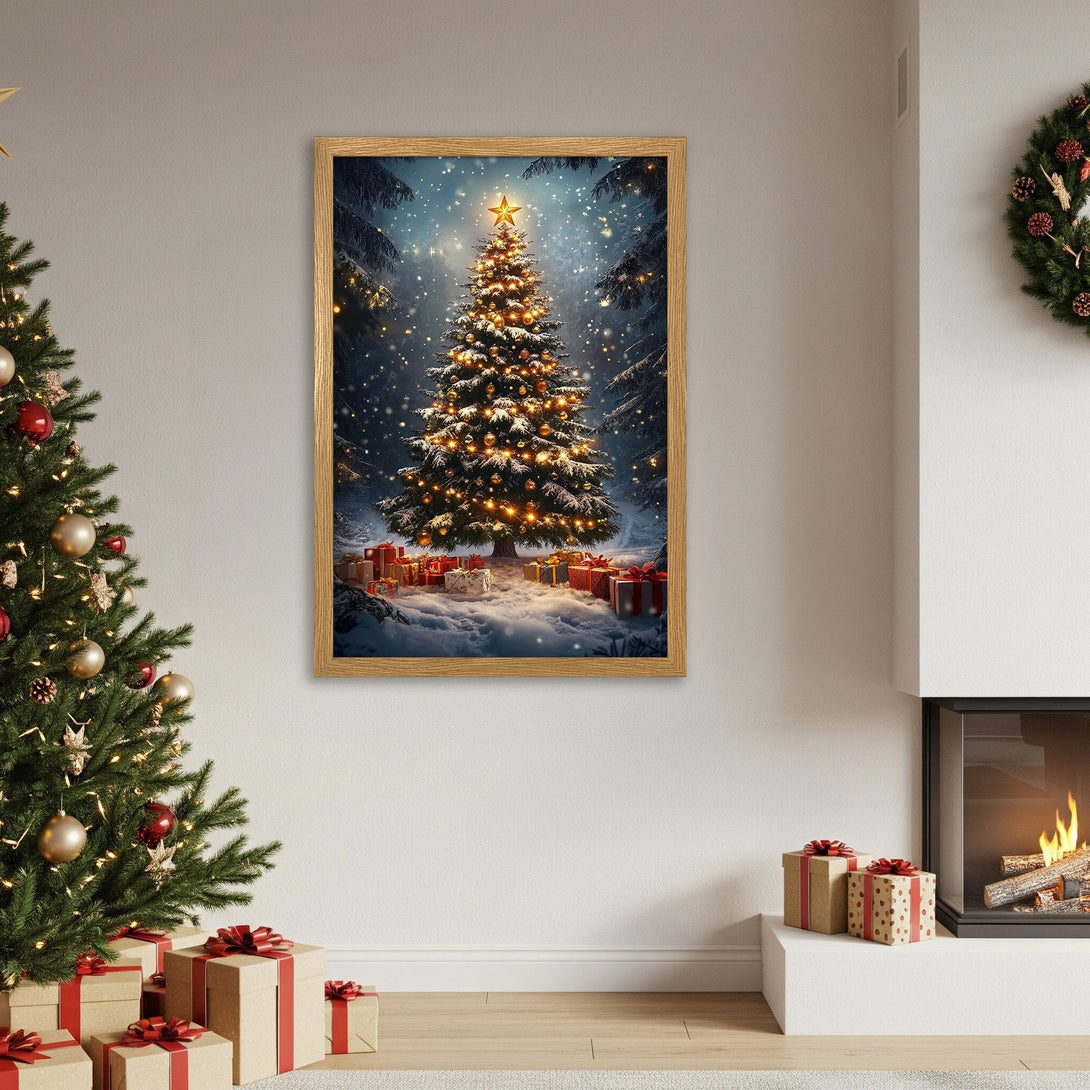 Framed Poster featuring a festive Christmas tree scene in a snowy forest, with a warm, inviting color palette.
