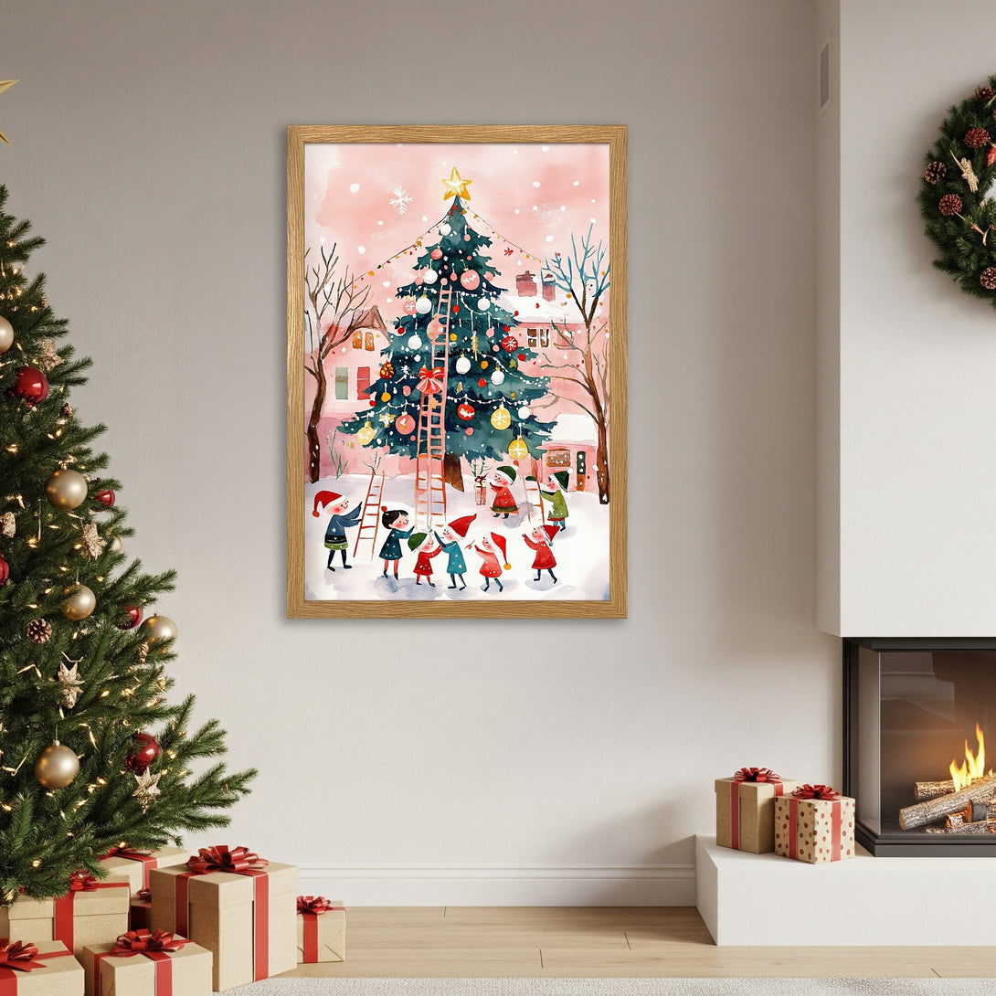 Framed Poster featuring a whimsical Christmas scene with a watercolor style and a soft pink and green color palette. Perfect holiday decor!