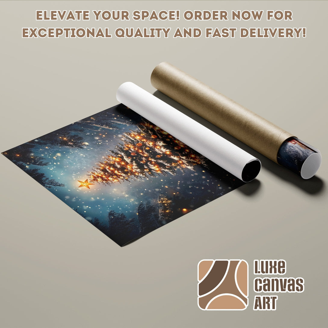 Poster Roll featuring a winter Christmas tree scene with a blue and gold color palette. Order now!
