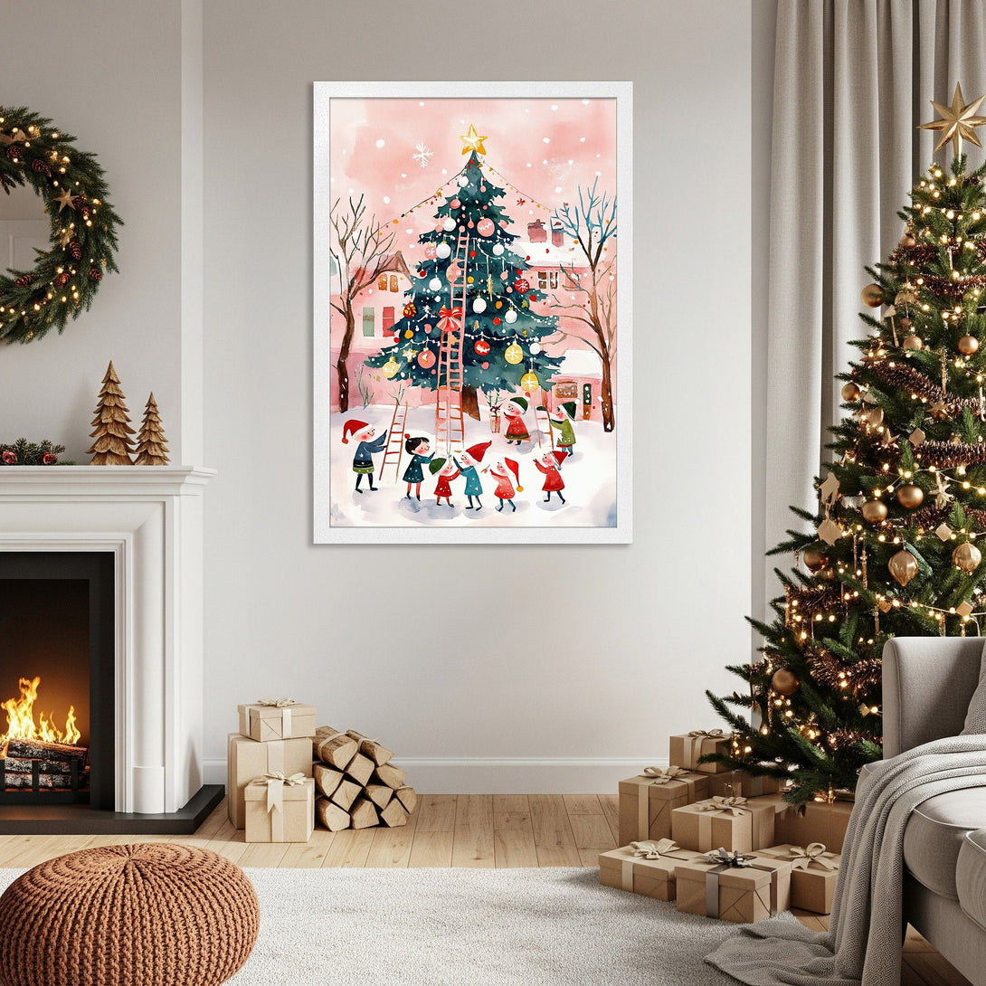 Framed Poster featuring a whimsical watercolor Christmas scene with children decorating a tree. Soft pinks and greens create a cozy holiday vibe.