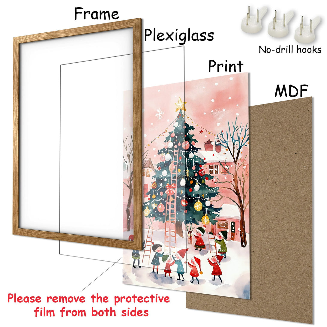 Framed Poster featuring a whimsical Christmas scene in watercolor style with a pink and green color palette. Perfect holiday decor!