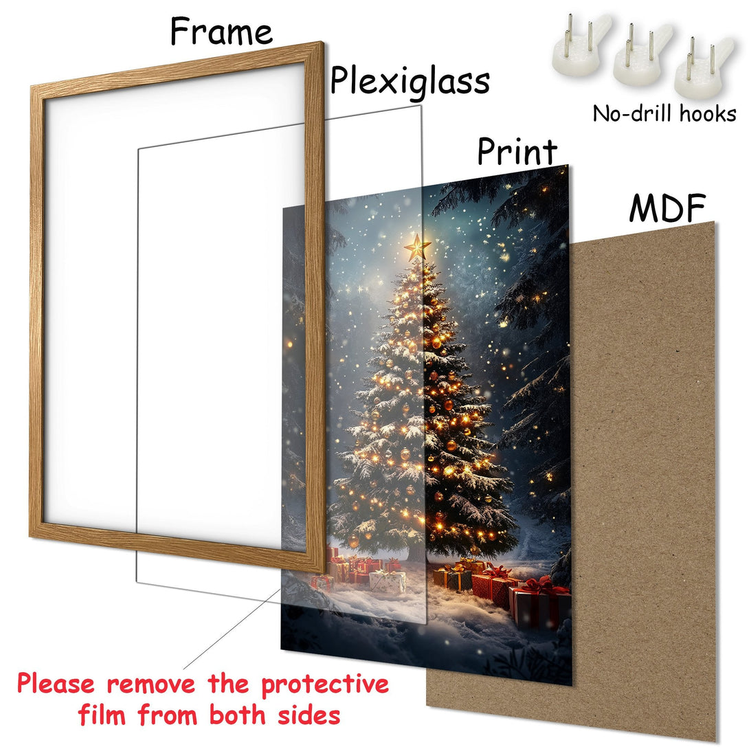 Framed Poster featuring a festive Christmas tree scene in a snowy forest. Warm, inviting color palette with golds, reds, and blues. Perfect holiday decor!