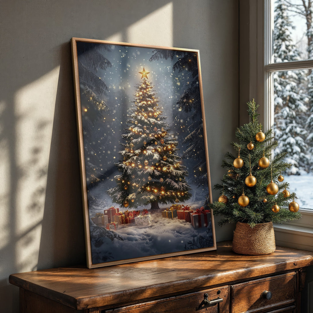 Framed Wall Art featuring a snowy Christmas tree scene. Cozy winter decor with a blue and gold color palette, perfect for holiday home accents.