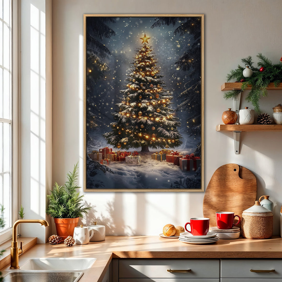 Framed Wall Art: Winter forest Christmas tree scene with warm lights and gifts. Blue, white, and gold color palette, perfect holiday decor.
