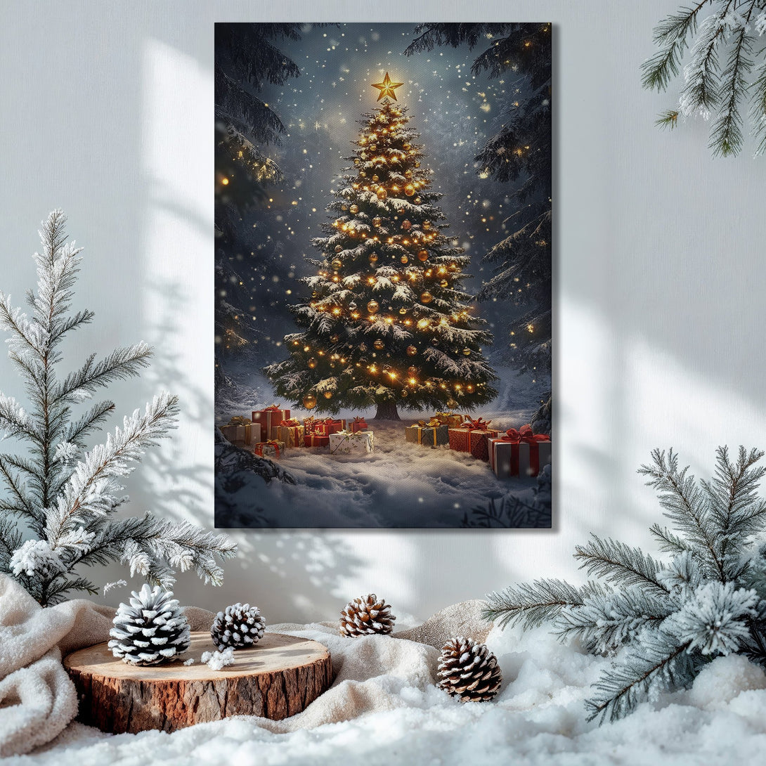Framed Wall Art: Winter Christmas scene with snowy trees and a glowing star. Warm gold and cool blue color palette. Perfect holiday decor.