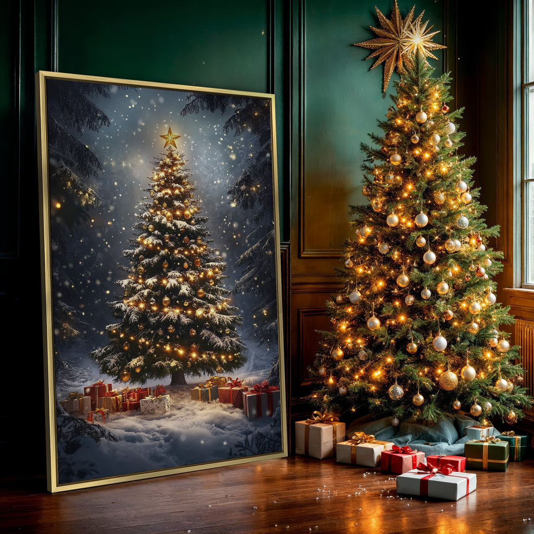 Canvas Print of a festive Christmas tree in a snowy forest, with warm golden lights and a cool blue and white color palette. Perfect holiday decor!