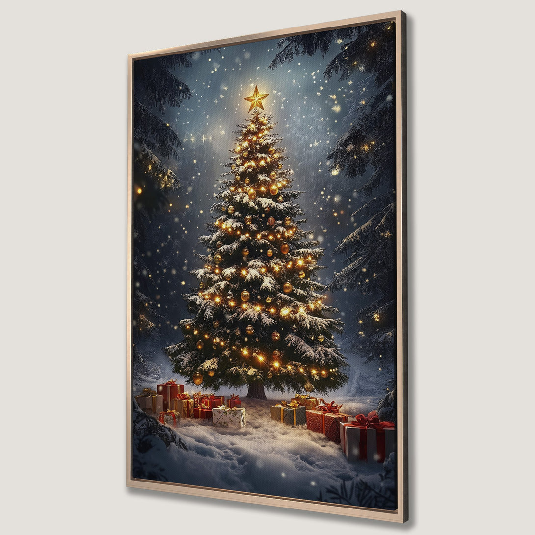 Framed Wall Art: Christmas tree in a snowy forest. Festive canvas print with a blue, gold, and green color palette. Perfect holiday decor.