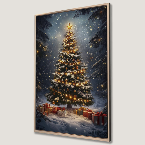 Framed Wall Art: Christmas tree in a snowy forest. Festive canvas print with a blue, gold, and green color palette. Perfect holiday decor.