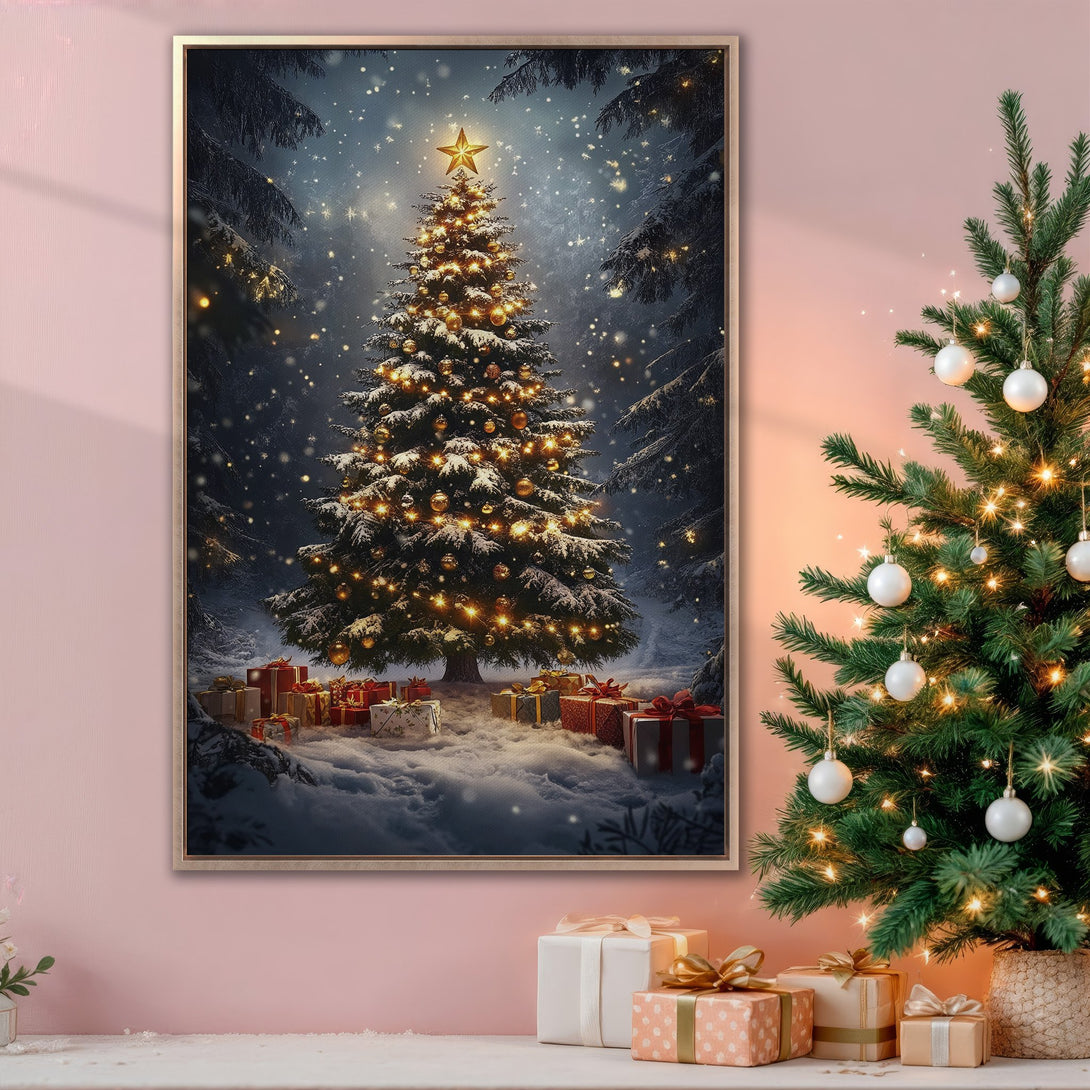 Framed Wall Art: Festive Christmas tree in a snowy forest scene. Warm, inviting color palette with gold, red, and deep blues. Perfect holiday decor!