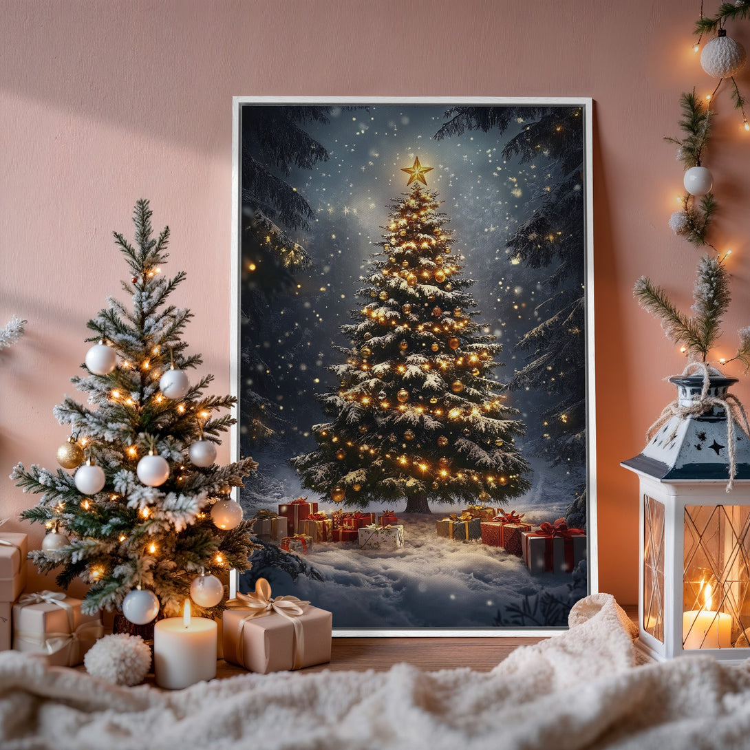 Framed Wall Art: Winter Christmas scene with snowy tree, warm gold and blue tones. Perfect holiday decor for cozy living.