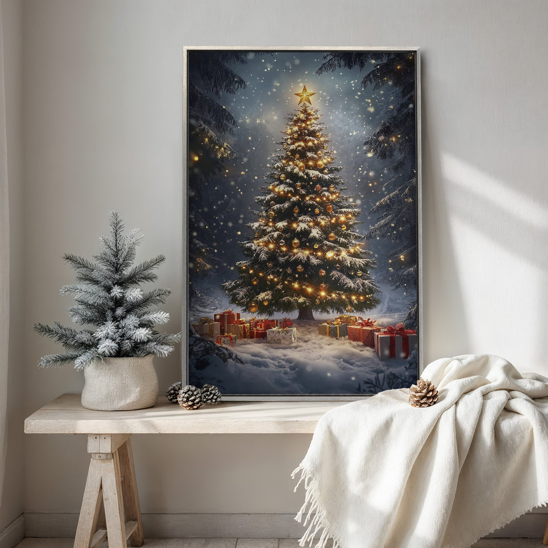 Framed Wall Art: Winter Christmas tree scene in a snowy forest. Warm gold and cool blue color palette. Perfect holiday decor for a cozy home.