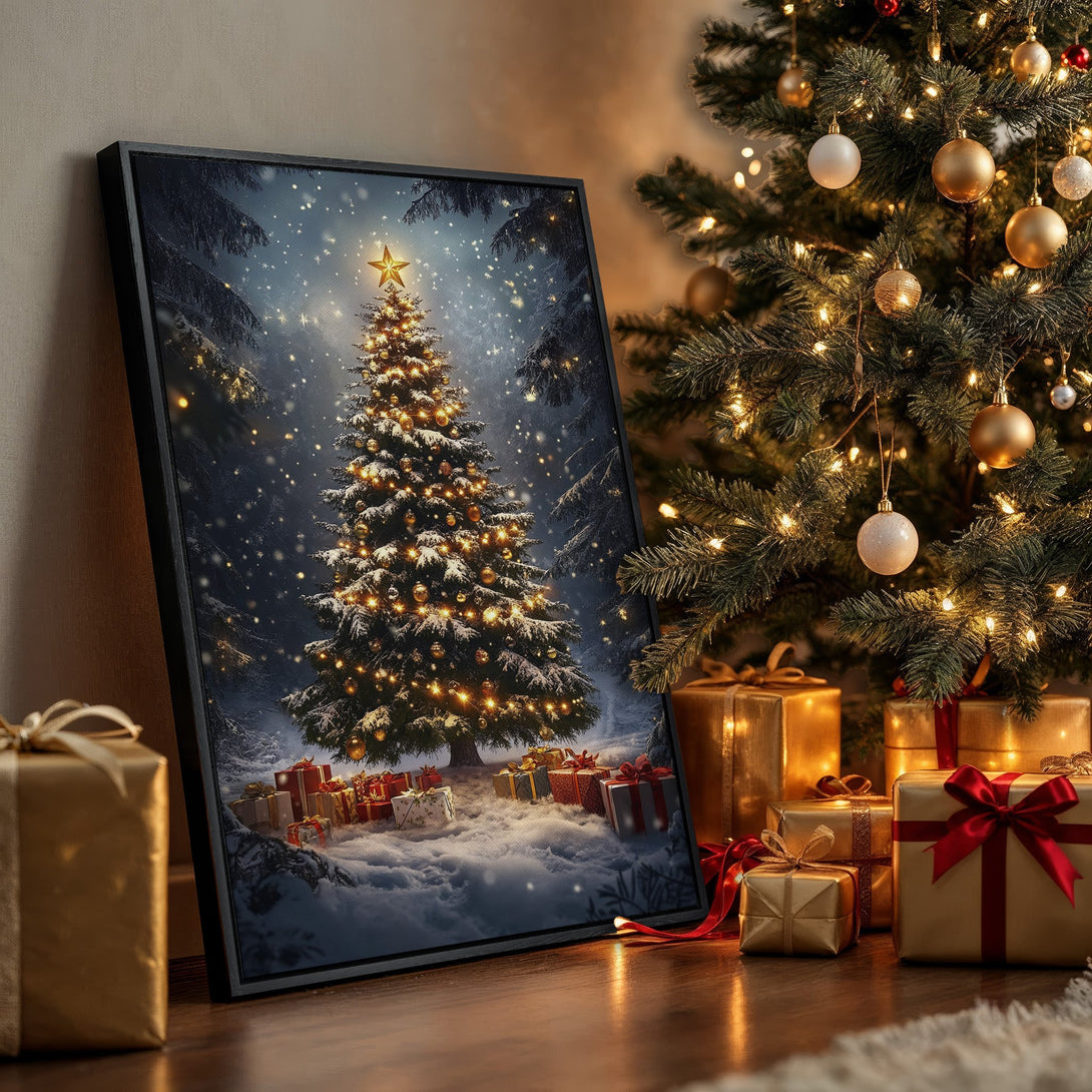 Framed Wall Art: Winter Christmas tree scene in a snowy forest. Warm, inviting color palette with gold, white, and dark blue tones. Perfect holiday decor.