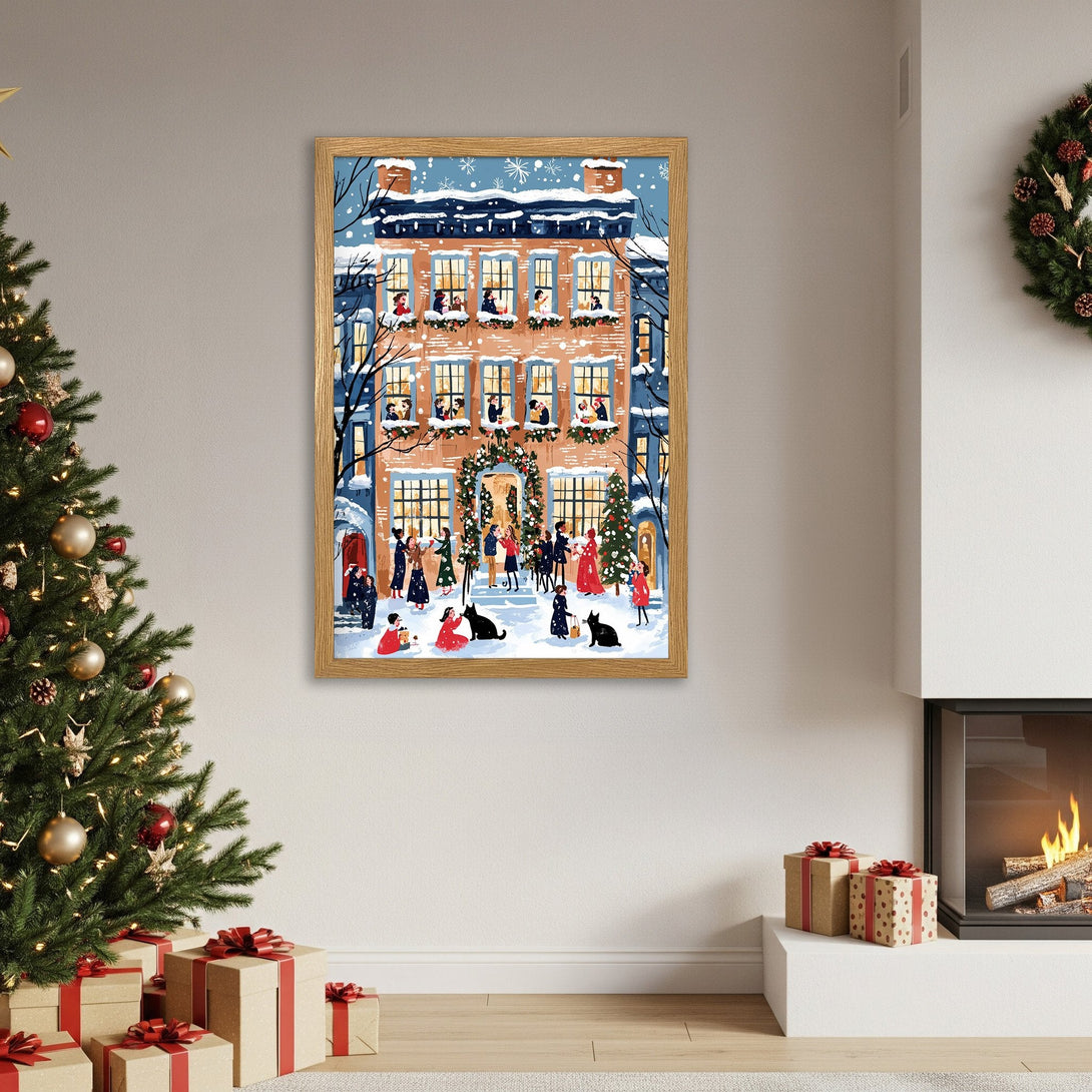 Framed Poster featuring a festive holiday scene with a warm color palette. Perfect Christmas decor!