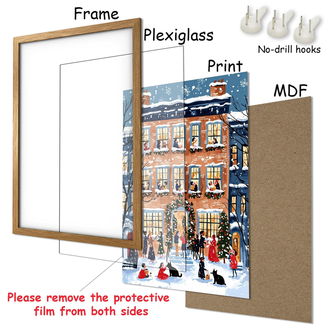 Framed Poster featuring a winter scene with a warm color palette and a cozy illustration style. Perfect for holiday decor!