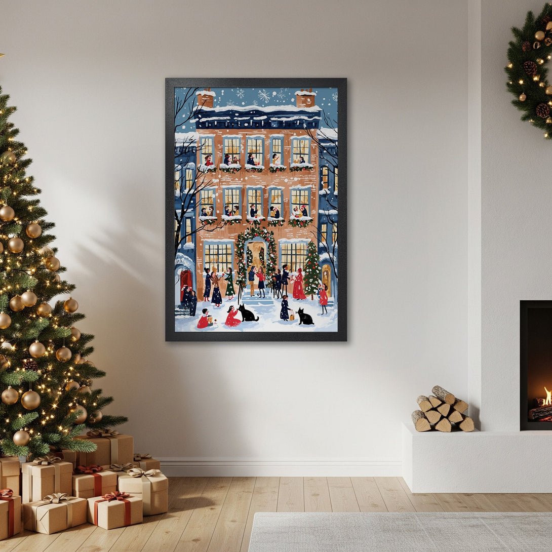 Framed Poster of a festive winter scene with people, in a warm color palette. Perfect holiday decor!