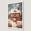 Festive Winter Cottage and Snowman Art Poster for Holiday Decor