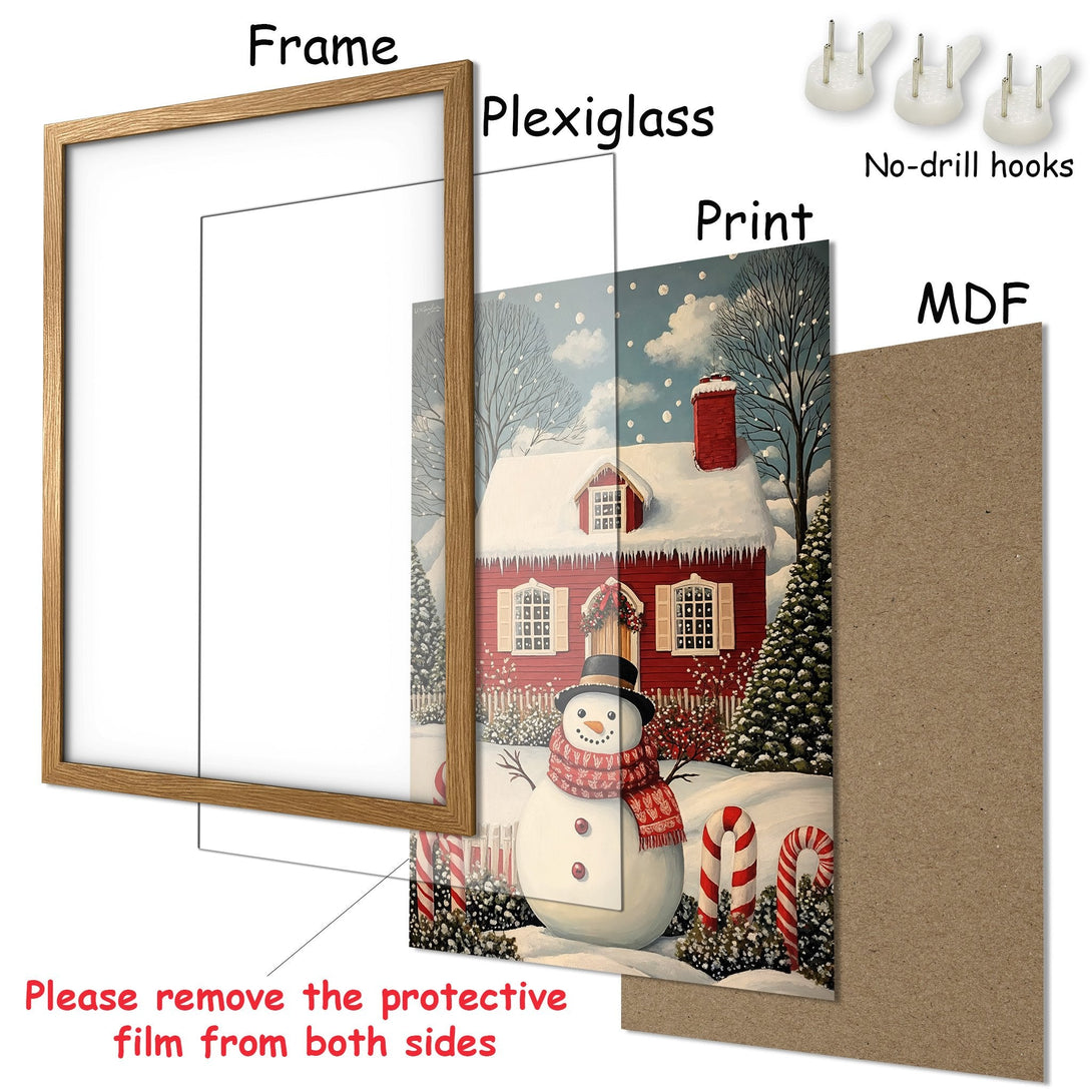 Framed Poster featuring a winter scene with a snowman, in a cozy, illustrative style with red and blue hues. Perfect holiday decor!