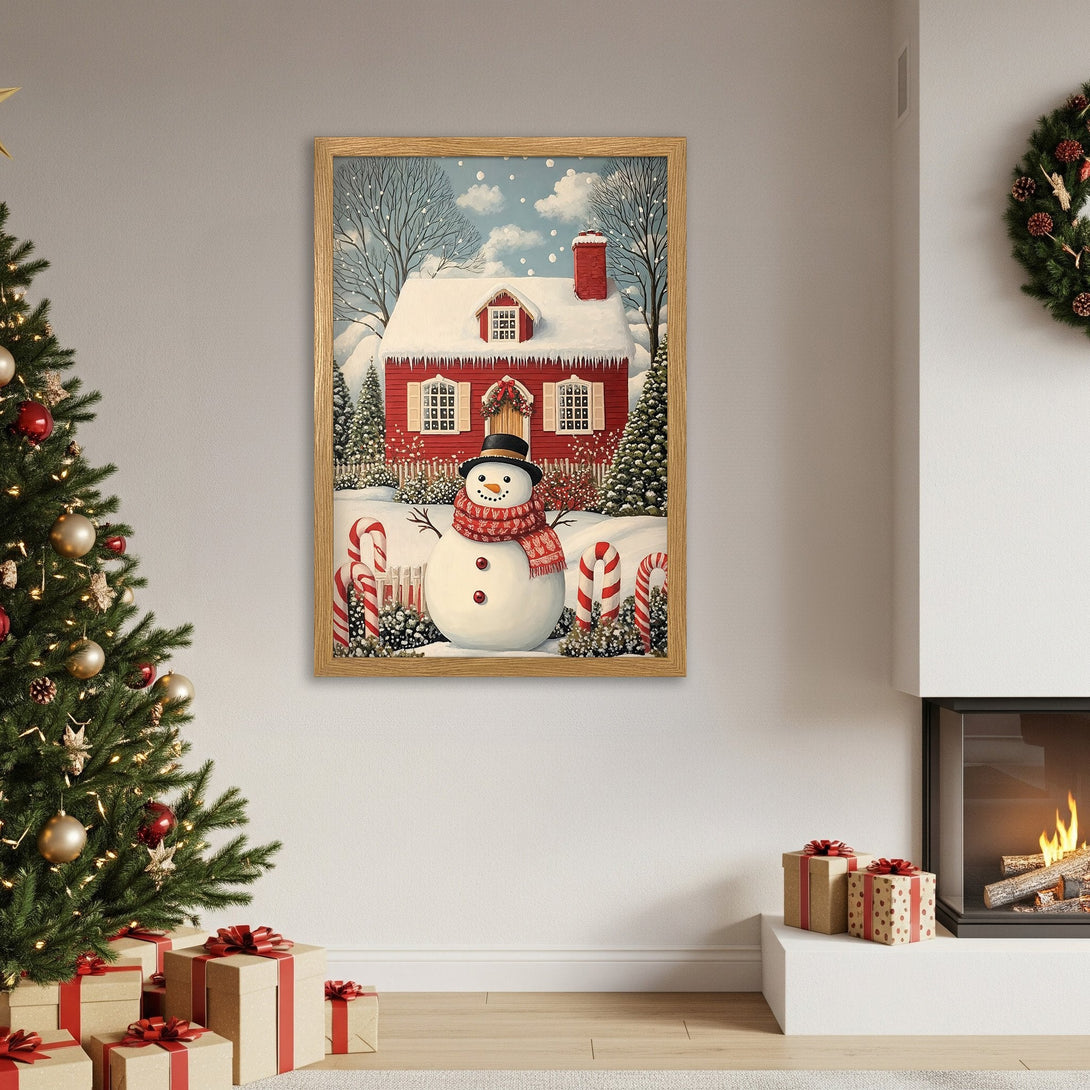 Framed Poster of a winter scene with a snowman and red house. Festive art in a warm color palette, perfect for Christmas decor.