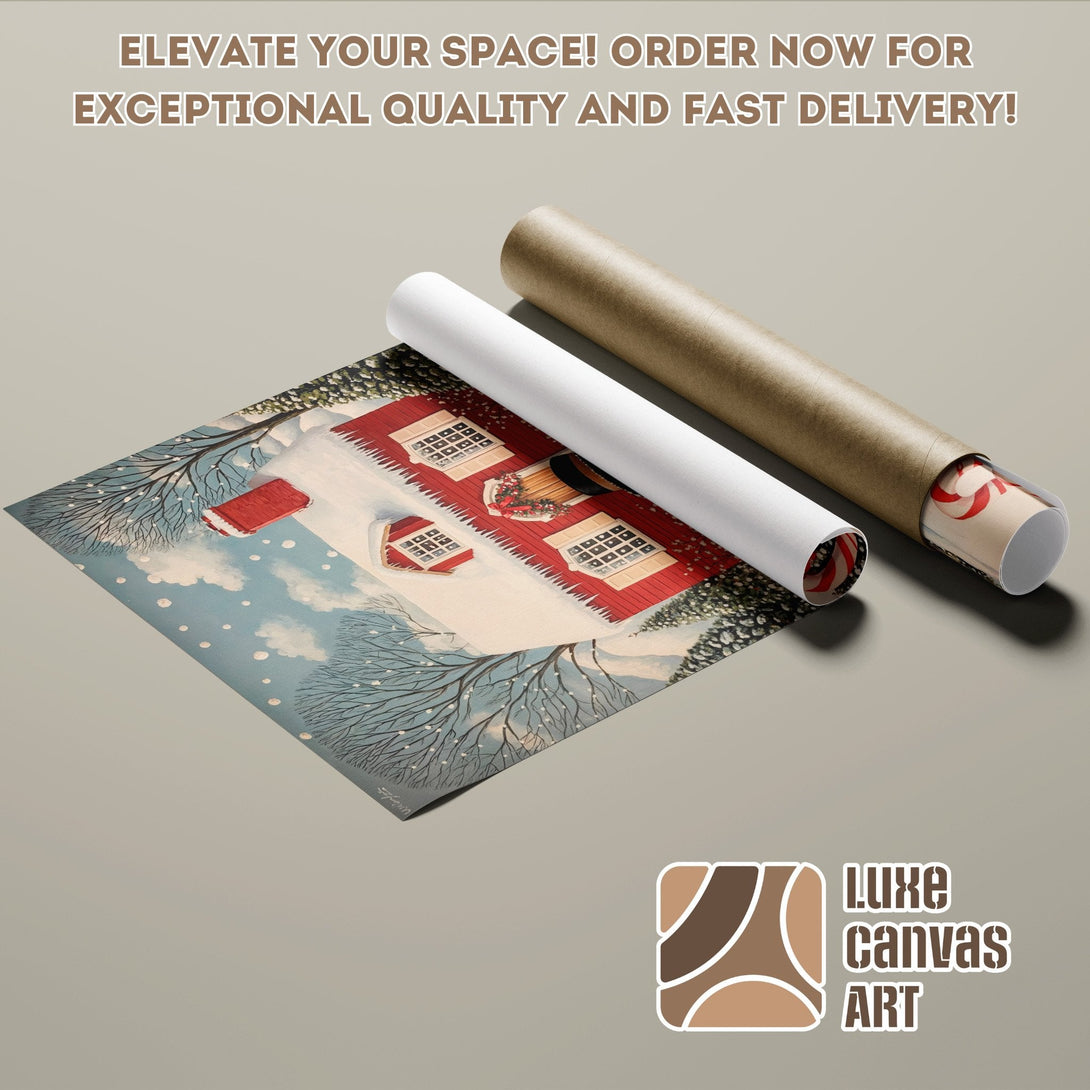 Winter scene poster roll with a red house, art print in a neutral color palette. Order your poster today!