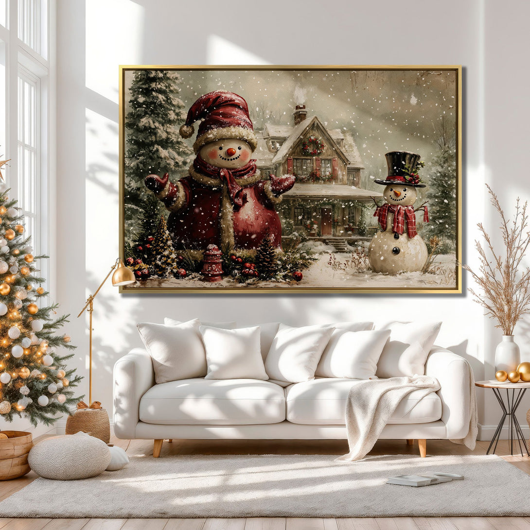 Canvas Print featuring a charming winter scene with snowmen and a house, warm red and neutral color palette, perfect for cozy holiday decor.