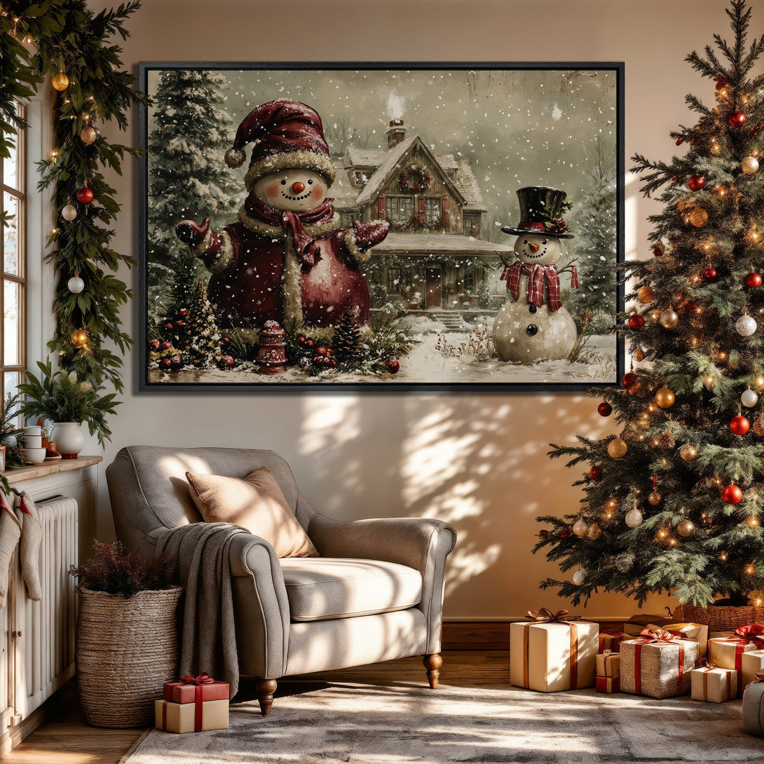 Framed Wall Art: Charming winter snowman scene in a cozy interior. Rustic style, warm red and neutral color palette. Perfect Christmas decor!