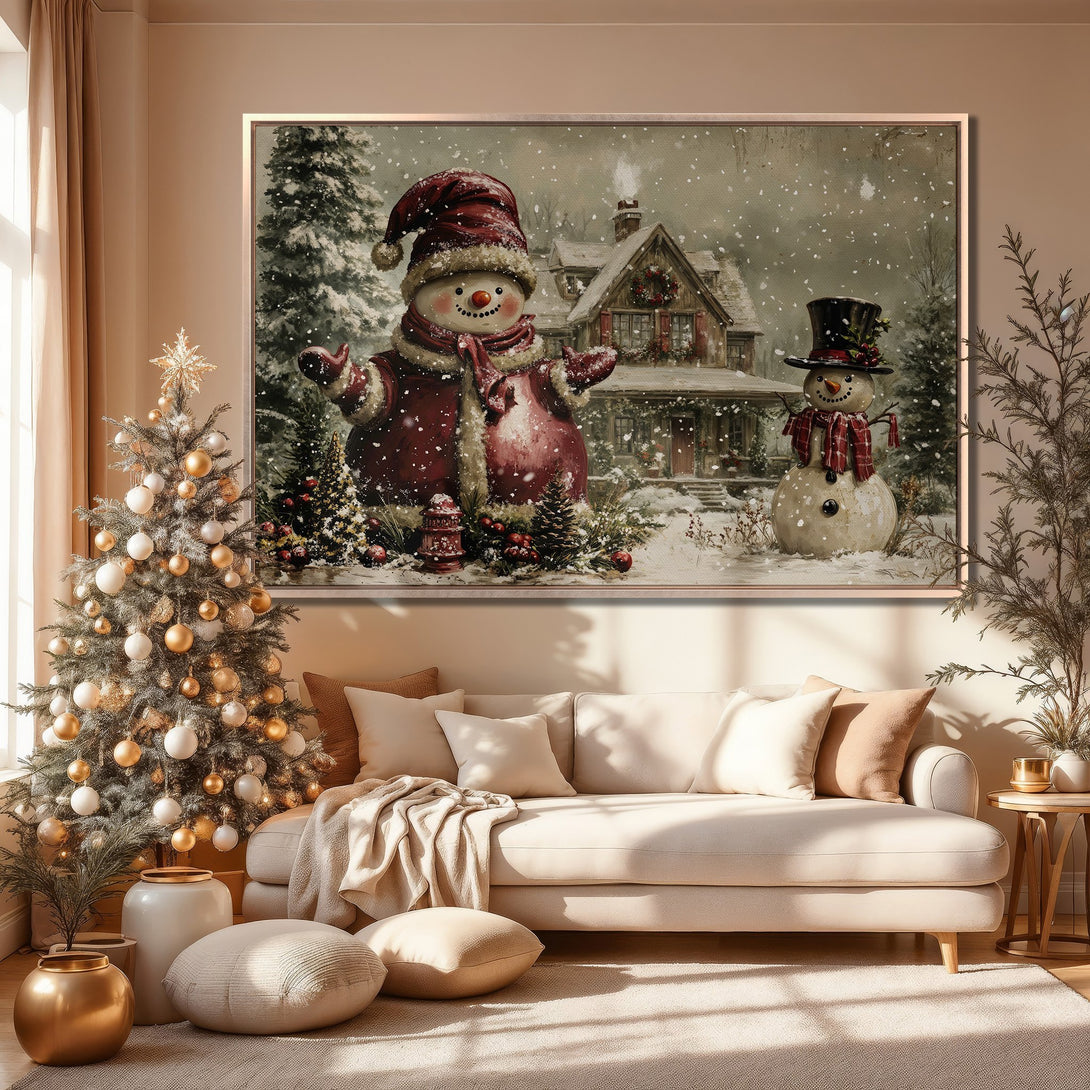 Framed Wall Art: Cozy winter scene with snowmen, house, and trees. Warm, neutral color palette. Perfect for holiday decor.